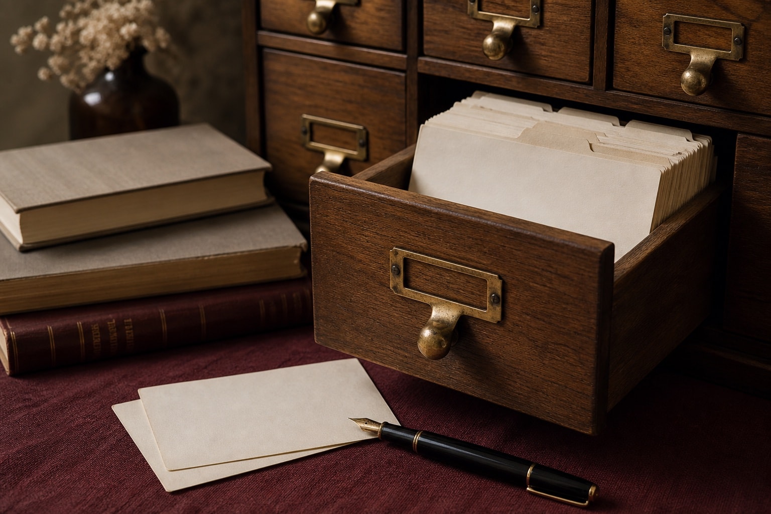Blank bibliography cards, reference books and a pen on a catalog desk