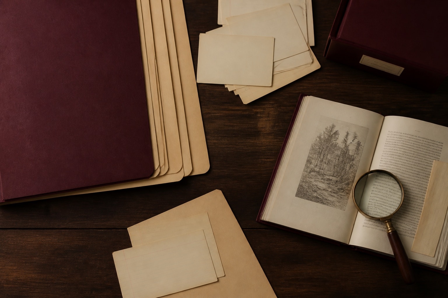 Archival folders and research cards arranged on a dark reading desk