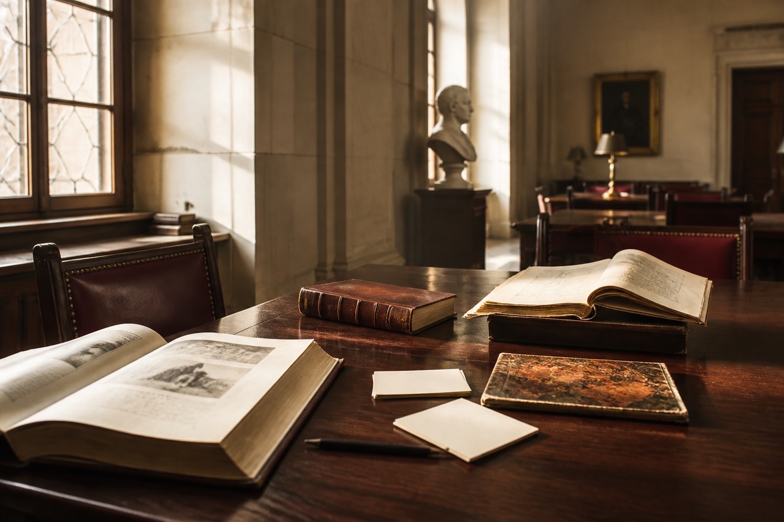 Volumes d'archives ouverts dans une salle de lecture calme