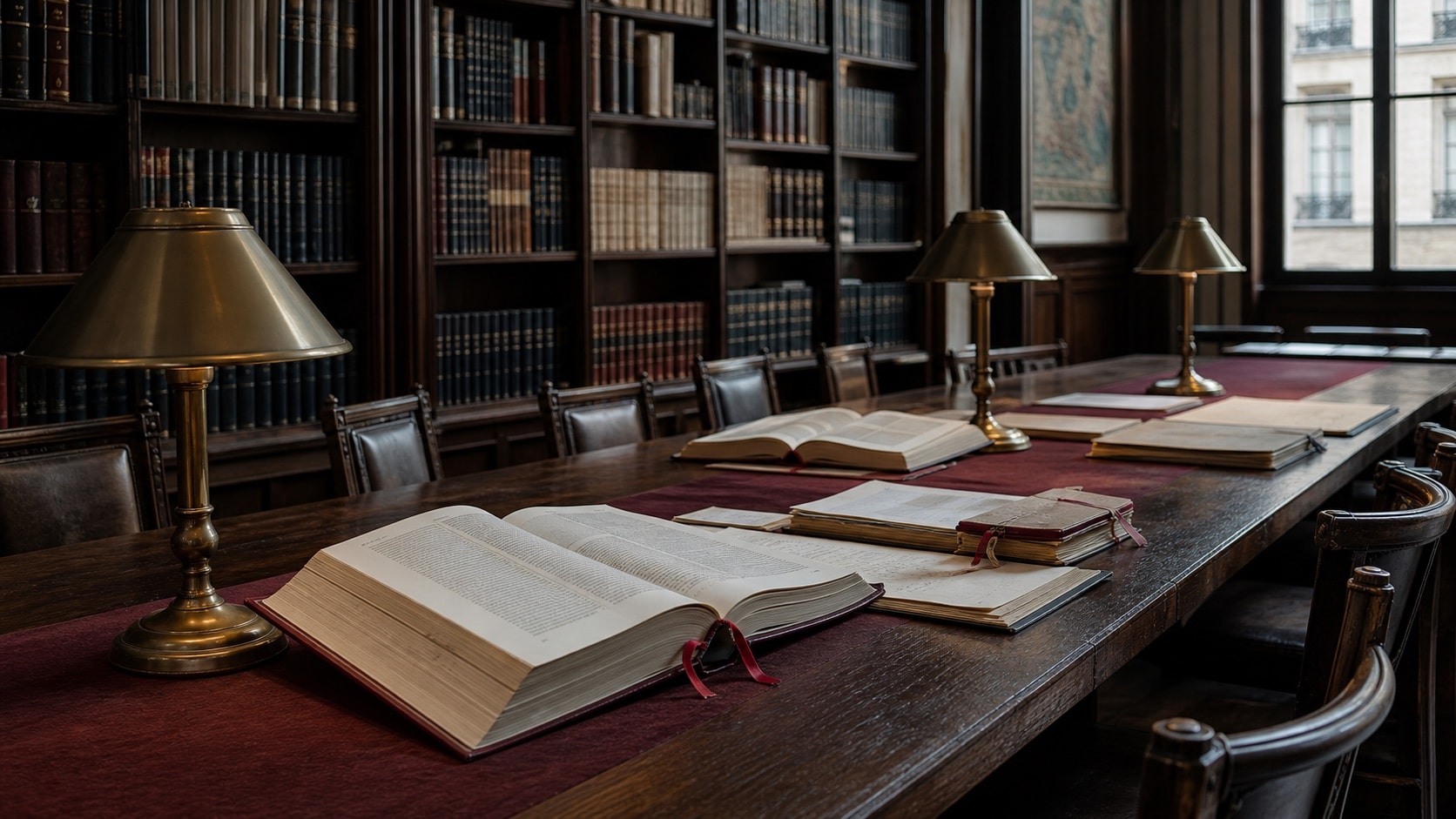 Open reference volumes and archival folders on a quiet law-library table