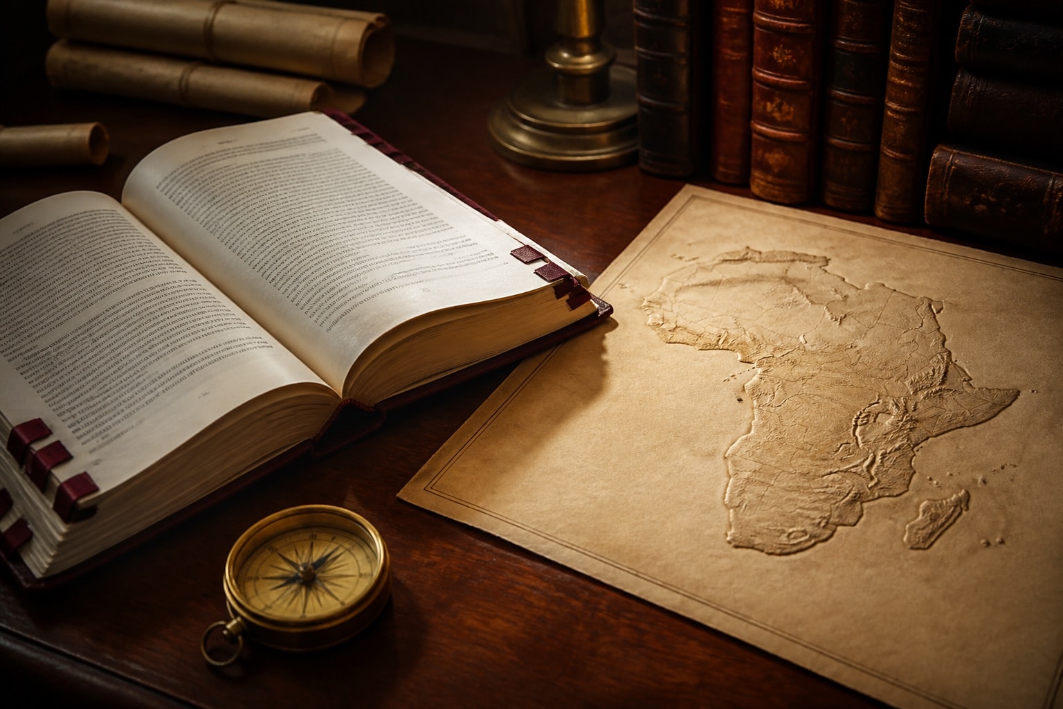 Procedural reference volume beside an unlabelled relief map and research tabs
