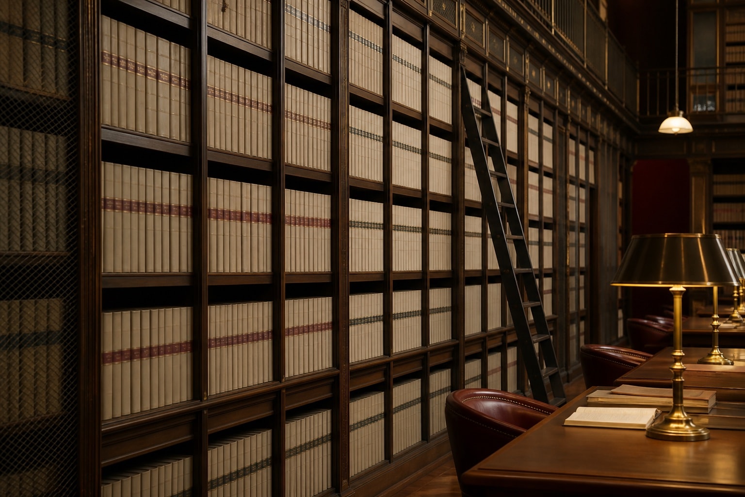 Shelves of archival reports beside a library reading table