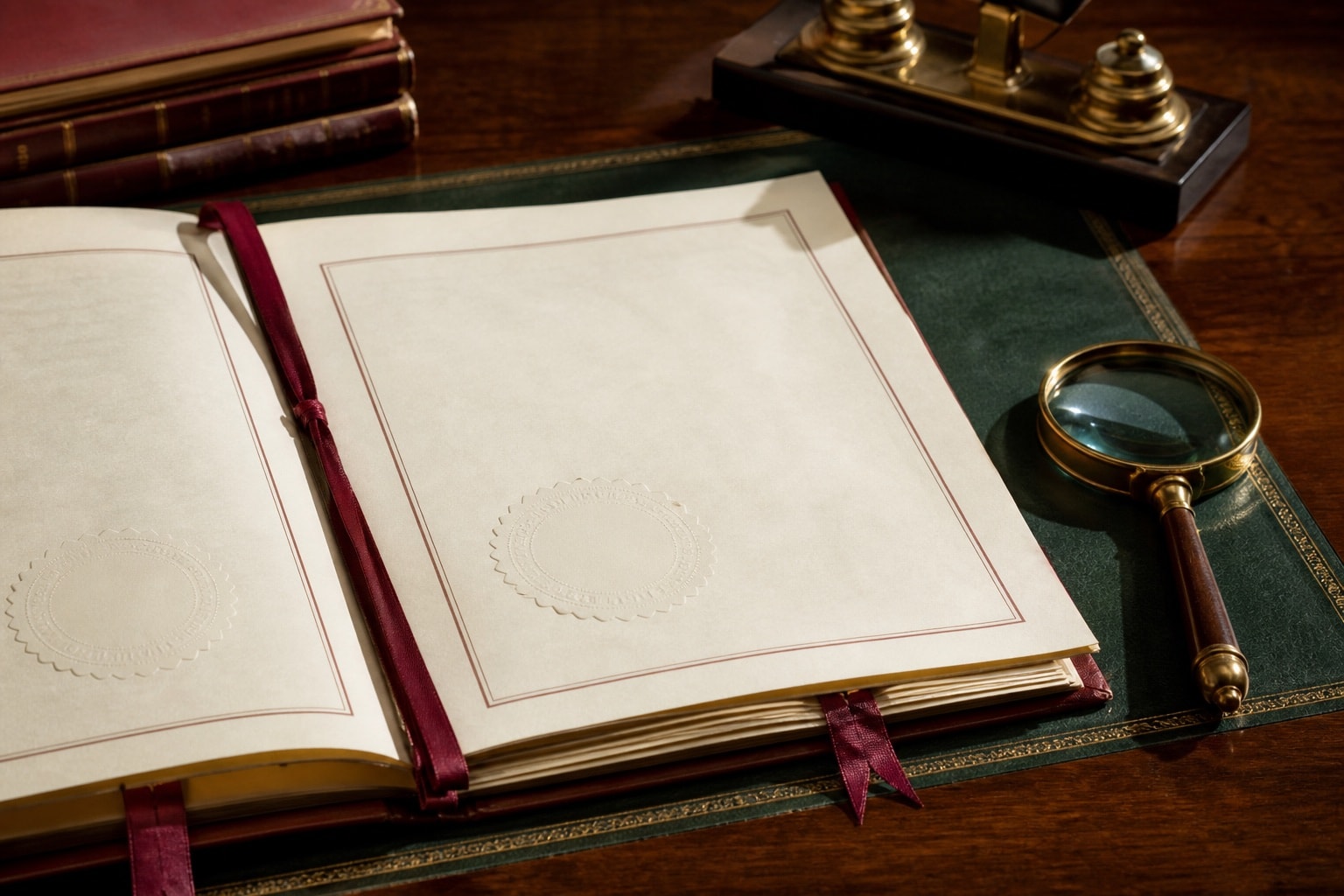 Archival instrument pages, ribbon markers and a magnifier on a research desk
